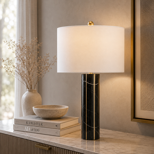 Luxury Black Marble <b>Table</b> <b>Lamp</b> With Cylindrical Pedestal Base And Refined Contemporary Ambient Lighting Design - Product Image 1