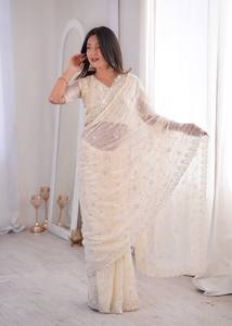 Sari en filet brodé de luxe pour femmes avec travail de sequins, tenue de soirée de créateur, mariage, festif, sari indien traditionnel - Product Image 1