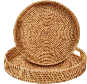 Plateau rond en rotin tressé de 18 pouces, plateau de service tissé à la main avec poignées pour table basse ottomane, décoration bohème pour la maison, rangement alimentaire - Product Image 1