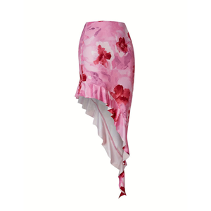 Jupe longue asymétrique pour femmes, taille haute, à volants, fluide, décontractée, mode estivale - Product Image 5