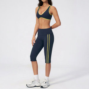 Custom 2026 Navy Blue 2 Piece Yoga Set Spaghetti Strap <b>Crop</b> <b>Top</b> High Waist Flared Pants Contrast Binding Breathable Solid Colors - Product Image 1