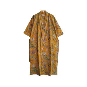 Robe kimono bohème en coton jaune à fleurs pour femme, col en V, manches longues, longueur longue, cordon de serrage, 2 poches, tenue de nuit artisanale - Product Image 1