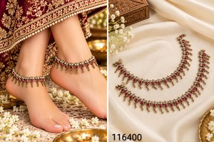 Joyería al por mayor: Conjunto de tobillera Payal nupcial chapada en oro con piedra Kundan verde tradicional y detalles de perlas para mujer - Product Image 2