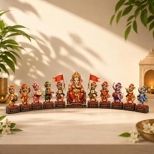 Ensemble de figurines de déesses Ganesha en MDF peintes à la main, couleurs personnalisées, poses festives, décoration de luxe pour la maison, ensemble de collection d'art, 11 pièces - Product Image 5