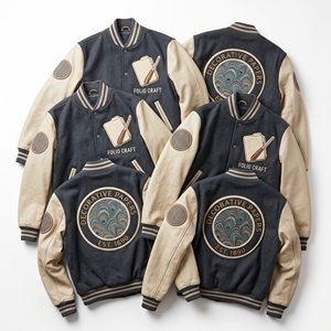 Fournisseur de vêtements : Blouson Bomber Varsity avec manches en cuir, patch en papier marbré brodé, et patch en forme de folio, en laine, couleur ardoise - Product Image 1