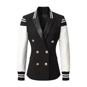 Chaqueta Blazer de Béisbol Universitaria para Mujer, de Alta Calidad, con Costuras en Blanco y Negro y Doble Botonadura - Product Image 1