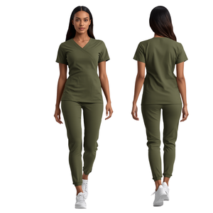 Conjunto de uniforme médico tipo jogger elástico cruzado para mujer, de tejido de mezcla de algodón con detección de agujas - Product Image 4