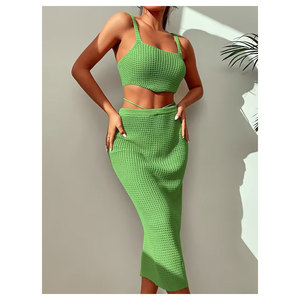 Conjunto de Dos Piezas Estilo Bohemio para Mujer, Top Corto de Punto Verde con Patrón Vintage y Falda Lápiz a Juego, Ropa Casual de Primavera/Verano - Product Image 3