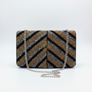 Floral Beaded Clutch Bag <b>Cream</b> Embroidered with Red Yellow Striped Design Evening <b>Handbag</b> Boutique Fashion Wholesale - Product Image 5