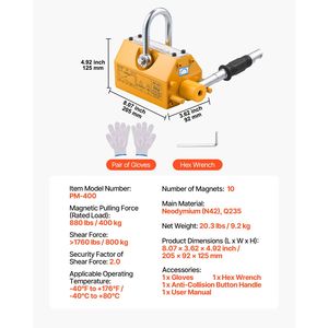 Sollevatore Magnetico Permanente al Neodimio N42 per Carichi Pesanti, Capacità di Trazione 880 Libbre, con Gancio in Acciaio e Maniglia di Rilascio - Product Image 4