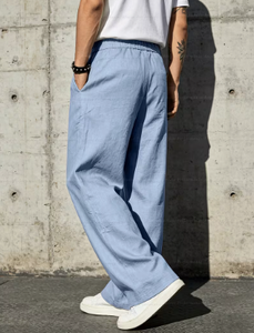 Men's Light Blue Wide Leg Pants <b>Elastic</b> <b>Waist</b> Drawstring Casual Loose Summer Breathable Lightweight <b>Trousers</b> - Product Image 2