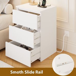 Nuovo Comodino a 3 Cassetti con Stazione di Ricarica, Tavolino Bianco per Camera da Letto, Soggiorno, Appartamento, con Spazio di Archiviazione - Product Image 4