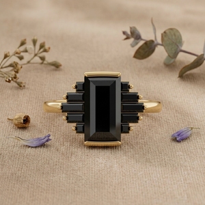 14K 18K Gold Black Onyx Emerald Cut Statement <b>Ring</b> Vintage Art Deco Cocktail <b>Ring</b> for Women - Product Image 1