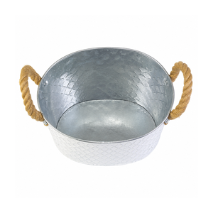 Bandeja para Bebidas Rústica Blanca con Acabado Desgastado y Asas de Cuerda de Cáñamo, Ovalada, de Metal Galvanizado, para Bodas y Fiestas - Product Image 3