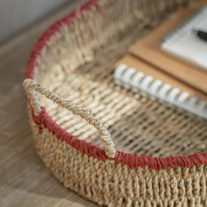 Seagrass Serving Tray With Handles Handwoven Paper Wicker <b>Baskets</b> Storage Organizer Coffee <b>Table</b> Home Decor - Product Image 2