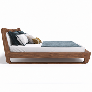 Luxury Teak Wood Platform <b>Bed</b> Elegant Curved Base Floating Bedroom Set - Product Image 2