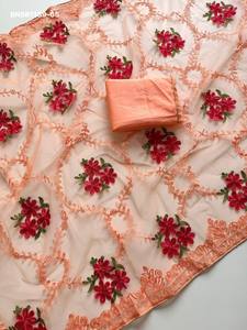 Beautiful Top Quality Net with Embroidery work-Fancy Border Saree with Banglori Silk Blouse Set Collection Saree <b>Love</b> - Product Image 6