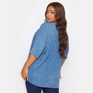 Camiseta Oversize Vintage Azul Sólido con Lavado Ácido para Mujer, Tallas Grandes, con Estampado de Eslogan, Bordado y Teñido Anudado, de Algodón Suave - Product Image 4
