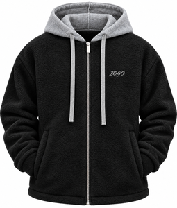 Unisex Color Block <b>Sherpa</b> Fleece Waterproof Eco-Friendly Zip-Up <b>Hoodie</b> Grey Contrast Hood Drawstrings Embroidered Logo Winter - Product Image 4