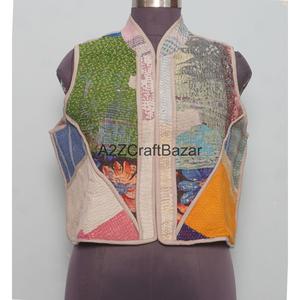100% Cotton <b>Kantha</b> Quilted <b>Jacket</b> for Women Handmade with Floral Patchwork Covered Buttons Breathable Winter Sleeveless Design - Product Image 1