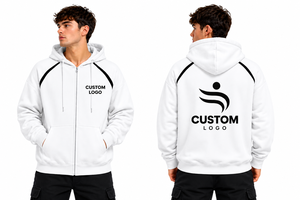 SINEWY SPORTS <b>Men's</b> <b>White</b> Full Zip Hoodie Raglan Sleeve Fleece <b>Sweatshirt</b> Oversized Embroidered 100% Cotton Autumn Casual Wear - Product Image 2