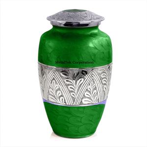 Grandes urnes funéraires vertes pour cendres, avec bande florale gravée, pour adultes (hommes, femmes) et enfants, décoratives, pour cérémonie funéraire, commémorative, en métal - Product Image 3