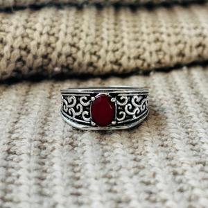 Boho <b>Garnet</b> Filigree Pattern Brass <b>Ring</b> Oxidized <b>Silver</b> Plated Vintage Wholesale <b>Ring</b> For Women - Product Image 1