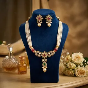 Luxurious Premium Quality <b>Gold</b> Plated Kundan Polki Look Necklace <b>Set</b> With <b>Earrings</b> for Wedding Wear Collection For Women - Product Image 1
