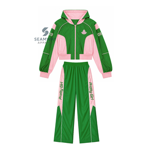 Alpha | Kapa | Alpha Nylon Windbreaker <b>Set</b> AKA Green And Pink Athletic Loose Fit Track Suit Women's Color-Block Joggers <b>Set</b> - Product Image 1