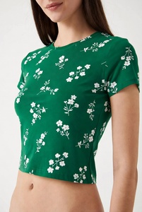 T-shirt tricoté asymétrique à manches courtes et col rond pour femme, imprimé floral, vêtements décontractés printemps-été - Product Image 4