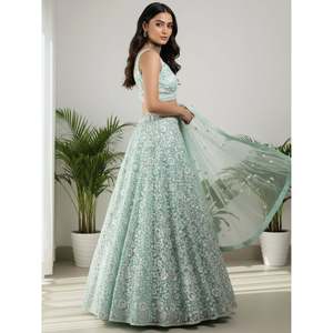 Sparkling <b>Green</b> Sequin Embroidered <b>Net</b> Reception Lehenga Choli - Product Image 5