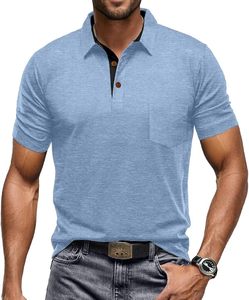Polo à manches courtes bleu clair pour homme, couleur unie, tricoté, décontracté, avec poche, tissu jersey respirant - Product Image 1