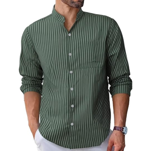 Men’s Linen Cotton <b>Banded</b> <b>Collar</b> <b>Shirt</b>, Striped Mandarin <b>Collar</b> Long Sleeve Button Down Collarless Casual <b>Shirt</b> - Product Image 1
