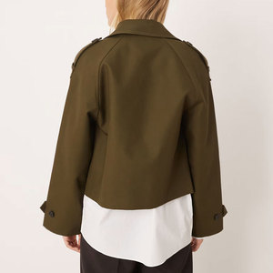 <b>Women's</b> Olive Green Double <b>Breasted</b> Trench <b>Coat</b> Crop Length Full Sleeve Solid Color Casual Outerwear Woven Polyester - Product Image 2