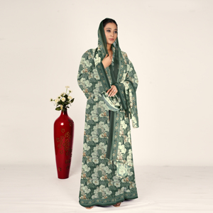 Abaya de Chifón con Motivo Botánico, Pañuelo para la Cabeza Drapeado, Manga Fluida Abierta por Delante, Ropa Islámica Modesta para Mujer, Estilo Árabe, Eid, ODM - Product Image 4