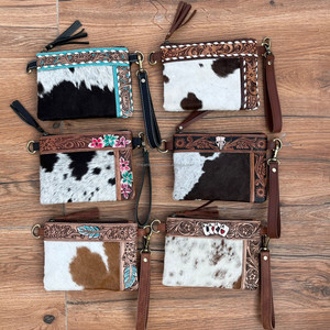 Stylish Women's Genuine Leather <b>Mini</b> Crossbody Wristlet Handbag Bull Tooling Tassel Pouch Floral Zipper Small Size Western Bag - Product Image 4