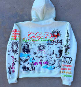 Sudadera con capucha con cremallera y estampado gráfico Vintage personalizable, ropa de calle multicolor para invierno, sudadera con patrón de letras DTF - Product Image 6