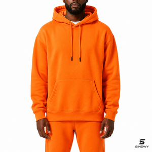 SINEWY Men's <b>Orange</b> <b>Fleece</b> Hooded Sweatshirt Oversized Casual Solid Color Pocket Design Winter Wear 100% Cotton Eco-Friendly - Product Image 1
