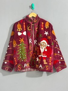 Blazer de Noël en velours brodé à la main, motif vin rouge, chaud et élégant, cadeau de Noël idéal - Product Image 1