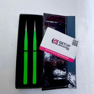 GETUP BROSONS IMPEX Slim Long Green Stainless Steel Eyelash Tweezers Precision Tool <b>Box</b> Packaging - Product Image 1