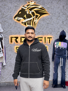 Men's <b>Black</b> <b>Zip</b>-<b>Up</b> <b>Hoodie</b> Rhinestone Embellished Casual Hooded Sweatshirt Regular Fit French Terry Cotton <b>Zip</b> <b>Up</b> <b>Hoodie</b> - Product Image 1