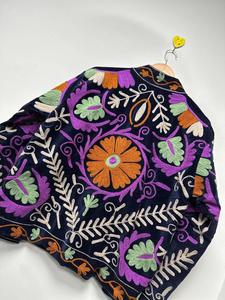 Ethnic Dark Blue <b>Velvet</b> Suzani Embroidered <b>Jacket</b> with Floral Pattern Full Sleeve Stand Collar Women's Autumn Outerwear - Product Image 5