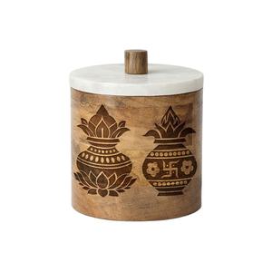 VENTE CHAUDE Pot de rangement en bois artisanal avec symbole Om et couvercle en marbre Design indien traditionnel pour la décoration de la maison - Product Image 1