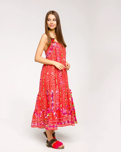 New Bohemian Red Cotton Geometric Print Casual Knee-Length Dress with Natural Waist Embroidery <b>Sequins</b> & Tassels - Product Image 3