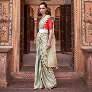 Sari en soie satinée pure avec broderie Zari et chemisier pour femme - Style moderne pour fêtes, Diwali et mariages - Product Image 1