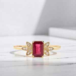 Anillo de Compromiso con Rubí Rojo, Corte Esmeralda, Plata de Ley 925, Chapado en Oro de 14K, Anillo de Boda Delicado - Product Image 1