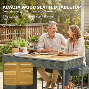 Set da bar da esterno in legno di acacia a 5 pezzi con tavolo alto, sedie e scaffali a 3 livelli, cuscini grigi - Product Image 5