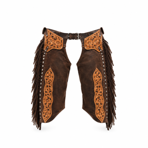 Floral Tooled Western Chinks | Genuine Leather <b>Cowboy</b> Riding <b>Chaps</b> Studded Fringe Ranch Rodeo Equestrian Horse Riding Tack Gear - Product Image 1