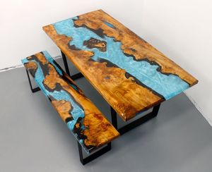 Table à manger de luxe en noyer noir avec résine bleu océan, faite à la main, 6 places, design moderne pour hôtel et entrée - Product Image 1