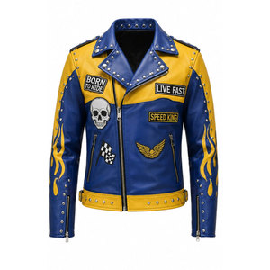 <b>Men's</b> Blue Yellow PU <b>Leather</b> Motorcycle <b>Jacket</b> With Flame Patches Rivets Zipper Closure Moto Biker Style Autumn Wear - Product Image 2